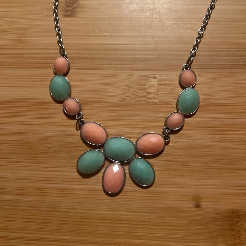 Pastel Mint/Coral cabochon bib Necklace blush pink powder boho bohemian beachy